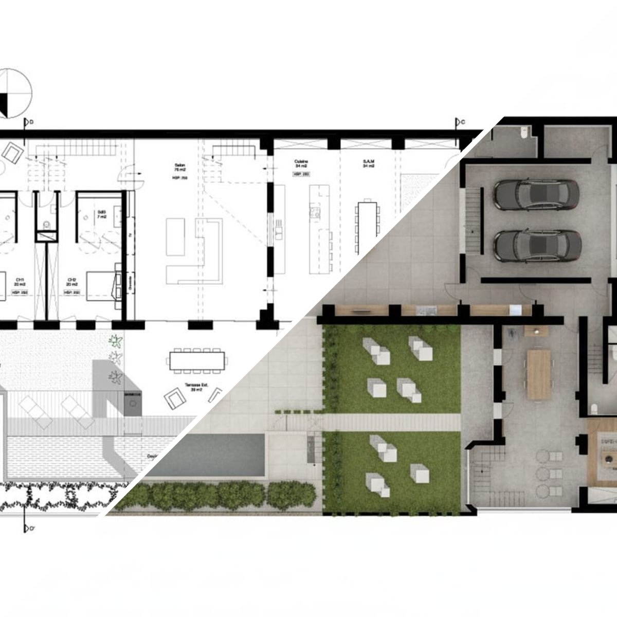 The same floor as a 2D drawing and as a rendered plan, split diagonally