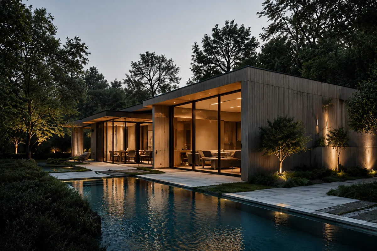Cinematic walkthrough of a pool villa at dusk